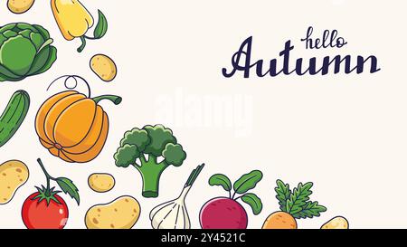 Kopierraum mit Comic-Gemüse und der Aufschrift „HALLO HERBST“. Poster, Banner, Faltblatt. Farmers Market Flyer Vorlage. Stock Vektor