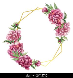 Blumengestell mit Pfingstrosen und goldenem Element. Aquarellabbildung isoliert. Für Geburtstagsgrußkarten, Muttertag, Hochzeitseinladungen, Etiketten. Stockfoto