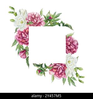 Blumengestell mit üppigen Pfingstrosen und zarter Freesie. Aquarellabbildung isoliert. Für Geburtstagskarten, Muttertag, Hochzeitseinladungen, Etiketten. Stockfoto