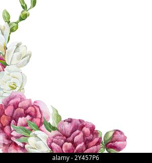 Blumengestell mit üppigen Pfingstrosen, zarte Freesie in der Ecke. Aquarellabbildung isoliert. Geburtstagskarten, Valentinstag, Hochzeitseinladungen. Stockfoto