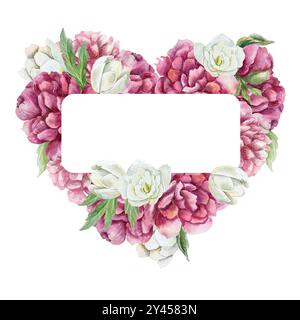 Blumengestell mit Pfingstrosen und Freesie in Herzform. Aquarellabbildung isoliert. Geburtstagskarten, Valentinstag, Hochzeitseinladungen. Stockfoto