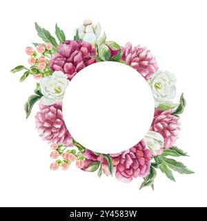 Runder Blumenrahmen mit üppigen Pfingstrosen und zarter Freesie. Aquarellabbildung isoliert. Geburtstagskarten, Muttertag, Hochzeitseinladungen, Etiketten. Stockfoto