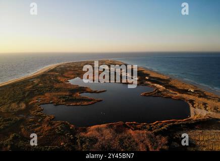 Great Point Light Sunset, berühmte Touristenattraktion und Wahrzeichen von Nantucket Island, Massachusetts, Cape Code, USA Stockfoto