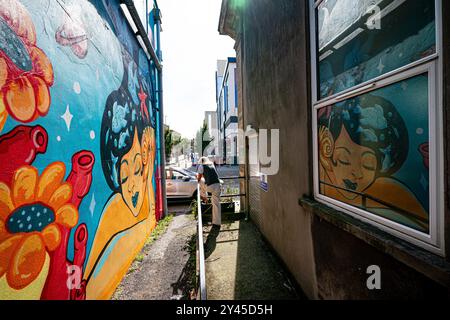 Kunstwerke in einer Gasse beim Weston Wallz Street Art Festival im Badeort Weston-Super-Mare, Somerset, wo es nur eines von 18 neuen Werken ist, die dieses Jahr zusammen mit 46 anderen Wandmalereien in der Stadt geschaffen wurden. Bilddatum: Montag, 16. September 2024. Stockfoto