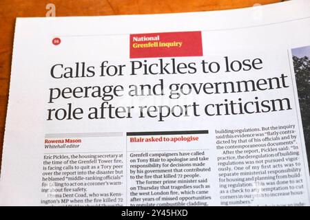 "Fordert (Lord Eric) Pickles dazu auf, den Peerage und die Rolle der Regierung nach der Kritik zu verlieren", titelt die Zeitung Guardian mit artikel 2024 UK Stockfoto