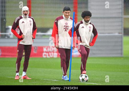 München, Deutschland. September 2024. v. rechts: Serge GNABRY (FC Bayern München), Minjae KIM (FC Bayern München), Thomas MUELLER (M? LLER, FC Bayern München). Abschlusstraining, Training am 16. September 2024 Fußball Champions League, FC Bayern München - GNK Dinamo Zagreb ? Quelle: dpa/Alamy Live News Stockfoto