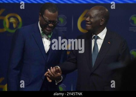 Gedenkfeier zum 60. Jahrestag der Afrikanischen Entwicklungsbank AfDB in Elfenbeinküste Alassane Ouattara der ivorische Präsident R und Akinwumi Adesina Präsident der Afrikanischen Entwicklungsbank AfDB L während der Gedenkfeier zum 60. Jahrestag der Afrikanischen Entwicklungsbank AfDB im Hotel Ivoire, Abidjan, Elfenbeinküste am 10. September 2024. Abidjan Elfenbeinküste Copyright: XMatrixxImagesx/xCelestexDiomx Stockfoto