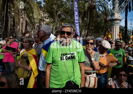 Kataloniens Nationalfeiertag in Barcelona, Spanien am 11. September 2024 treffen sich die Menschen zur Diada von Katalonien oder zum katalonischen Nationalfeiertag in Barcelona, Spanien. Die Diada von Katalonien, die am 11. September stattfand, erinnert an den Fall Barcelonas 1714 während des Spanischen Erbfolgekrieges und symbolisiert Kataloniens Kampf für politische Rechte und kulturelle Identität. Wie jedes Jahr im Jahr 2024 findet der Tag institutionelle Zeremonien, politische Demonstrationen statt, die sich für mehr Autonomie oder Unabhängigkeit einsetzen, und kulturelle Veranstaltungen, die das katalanische Erbe feiern. Neben politischen Mobilisierungen, Stockfoto