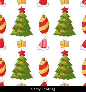 Weihnachtsfeiertage. Nahtloses Muster in Handzeichnung. Weihnachtsbäume, Hüte, Geschenke. Kann für Gewebe, Verpackungen usw. verwendet werden Stock Vektor