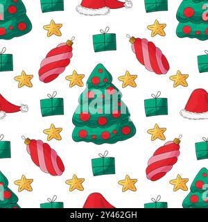 Weihnachtsfeiertage. Weihnachtsbäume, Hüte, Geschenke. Nahtloses Muster in Handzeichnung. Kann für Gewebe, Verpackungen usw. verwendet werden Stock Vektor