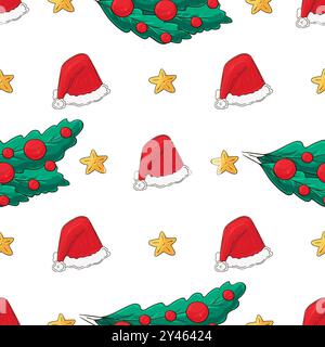 Weihnachtsfeiertage. Weihnachtsbäume, Hüte, Geschenke. Nahtloses Muster in Handzeichnung. Kann für Gewebe verwendet werden Stock Vektor