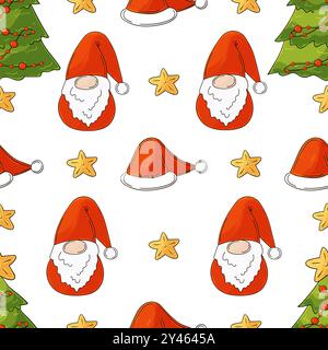 Weihnachtsfeiertage. Nahtloses Muster in Handzeichnung. Neujahrshüte, Gnome, Geschenke. Kann für Gewebe, Verpackung, Verpackung usw. verwendet werden Stock Vektor