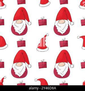 Weihnachtsfeiertage. Nahtloses Muster in Handzeichnung. Neujahrshüte, Gnome. Kann für Gewebe und etc. Verwendet werden Stock Vektor