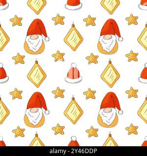 Weihnachtsfeiertage. Nahtloses Muster in Handzeichnung. Neujahrshüte, Gnome, Geschenke. Kann für Gewebe, Verpackungen usw. verwendet werden Stock Vektor