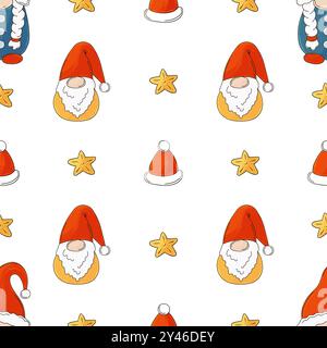 Weihnachtsfeiertage. Nahtloses Muster in Handzeichnung. Neujahrshüte, Gnome, Geschenke. Kann für Gewebe verwendet werden Stock Vektor
