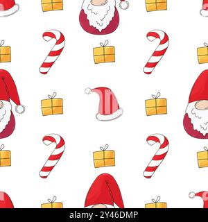 Weihnachtsfeiertage. Nahtloses Muster in Handzeichnung. Neujahrshüte, Gnome. Kann für Gewebe, Verpackungen usw. verwendet werden Stock Vektor