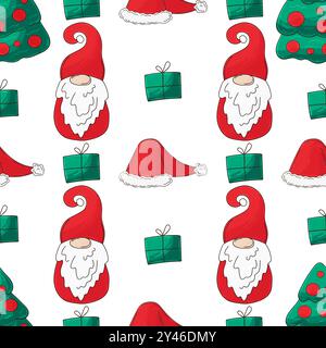 Weihnachtsfeiertage. Nahtloses Muster in Handzeichnung. Neujahrshüte, Gnome. Kann für Gewebe, Verpackungen, Geschenkpapier usw. verwendet werden Stock Vektor