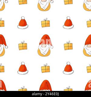 Weihnachtsfeiertage. Nahtloses Muster in Handzeichnung. Neujahrshüte, Gnome, Geschenke. Kann für Gewebe und etc. Verwendet werden Stock Vektor
