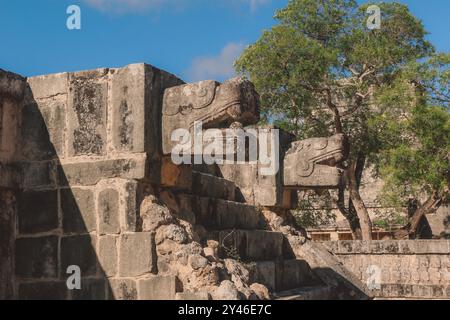 Steindetails und Muster einer antiken Ruine der großen präkolumbischen Stadt Chichen Itza, erbaut von den Maya, Mexiko Stockfoto