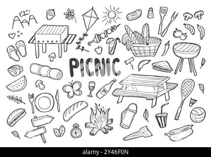 Sommer-Picknick-Doodle-Set. Verschiedene Mahlzeiten, Getränke, Gegenstände, Sportaktivitäten. Vektorillustration isoliert über weißem Hintergrund. Stock Vektor