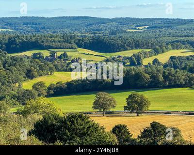 Newlands Corner, Guildford. September 2024. Ein wunderschöner warmer und sonniger Tag für die Home Counties heute. Die Aussicht von Newlands Corner, auf den North Downs, Blick nach Süden von Guildford in Surrey. Quelle: james jagger/Alamy Live News Stockfoto