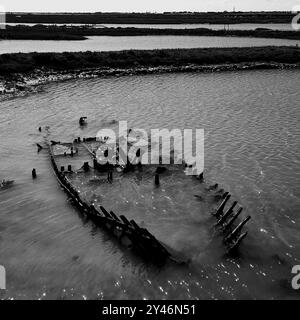 Kleines Schiffswrack im Sumpf, Insel Ré, Deux-Sèvres, Frankreich Stockfoto