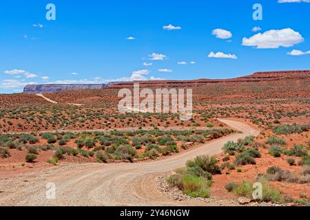 Die Schotterstraße schlängelt sich über den Boden des gesäumten Tals zwischen den majestätischen Mesas im Tal der Götter von Utah Stockfoto