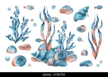 Unterwasserwelt Clipart mit Meerestieren, Fischen, Muscheln, Korallen und Algen. Handgezeichnete Aquarellillustration. Gruppe von Elementen, die vom isoliert sind Stockfoto