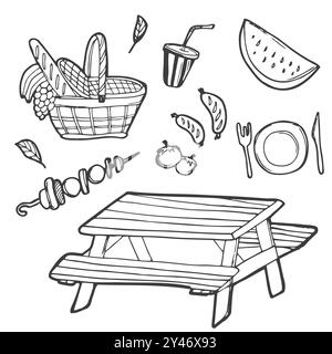 Picknick-Tag-Doodle-Symbol-Set. Outdoor Vector Illustrationen Kollektion. Banner handgezeichneter Linienstil. Stock Vektor