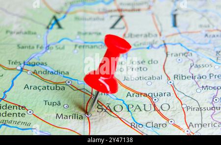 Marilia, Sao Paulo, Brasilien auf der Karte Stockfoto