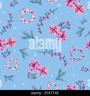 Nahtlose Rastermuster mit Weihnachtsmotiven mit Geschenken, Girlanden, Kiefernzweigen Stockfoto