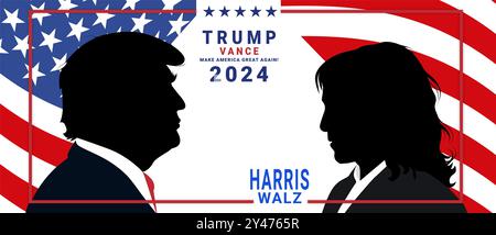 Charakterdarstellung von Kamala Harris, der sich gegen Donald Trump stellt. Porträt von Trump, Harris und ihren Wahlkampflogos. Stockfoto