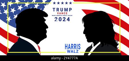 Charakterdarstellung von Kamala Harris, der sich gegen Donald Trump stellt. Porträt von Trump, Harris und ihren Wahlkampflogos. Stockfoto