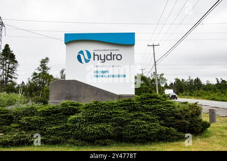 Schilder für das Newfoundland Labrador Hydro an der Thermal Plant Road in Holyrood, Neufundland und Labrador, Kanada Stockfoto