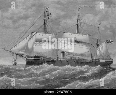 „HMS Canada“ (1881) und „HMS Conquest“ (1878). Britische Royal Navy. Zeichnung von Cortellini Sánchez. Stich von Tomás Carlos Capuz (1834-1899). La Ilustración Española y Americana (die spanische und amerikanische Illustration), 30. Januar 1884. Stockfoto