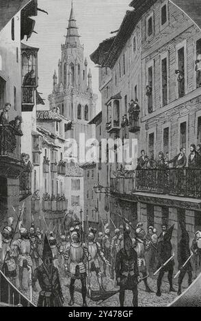 Geschichte Spaniens. 19. Jahrhundert. Osterwoche in Toledo. Karfreitagsprozession. Zeichnung durch NAO. Gravur von Capuz. La Ilustración Española y Americana (die spanische und amerikanische Illustration), 8. April 1884. Stockfoto