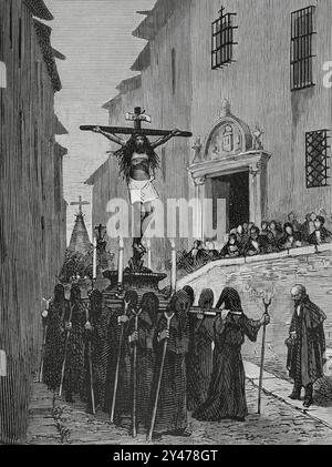 Geschichte Spaniens. 19. Jahrhundert. Osterwoche in Toledo. Maundy-Prozession am Donnerstag: „Cristo de las Aguas“ (Christus der Gewässer). Zeichnung durch NAO. Gravur von Capuz. La Ilustración Española y Americana (die spanische und amerikanische Illustration), 8. April 1884. Stockfoto