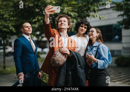 Vier Geschäftsleute machen ein Selfie im Freien in einer Stadt Stockfoto