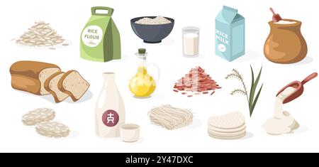 Reissammlung. Cartoon Schüssel mit gekochtem Reis, Glas mit Sake und Flasche mit Reismehl, asiatischen Getreidezutaten. Vektor-isolierter Satz. Stock Vektor