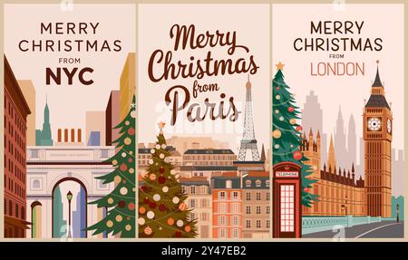 Karten Frohe Weihnachten aus NYC, Paris, London Stock Vektor