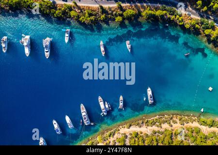 Paradise Bay (türkisch: Cennet Koyu) in Bodrum. Mugla, Türkei. Eine der schönsten Buchten in Bodrum mit blauem Meer und Natur. Drohnenaufnahme. Stockfoto