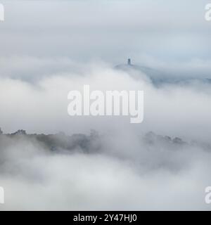 Starker Morgennebel auf den Somerset Levels, von Deer Leap, Mendip Hills, Somerset, Großbritannien mit Bäumen, die gerade erst durchbrechen, und Glastonbury Tor Stockfoto