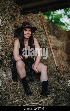 Eine junge Frau lächelt in einer Scheune mit Heuballen und trägt einen Cowboyhut Stockfoto