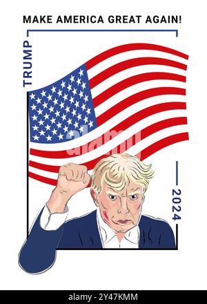 Poster mit einer Silhouette von Donald Trump und dem Text seines Wahlkampfs Make America Great Again vor dem Hintergrund einer amerikanischen Flagge Stockfoto