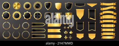 Luxuriöse goldene Labels. Hochwertige Plaketten und Sticker-Kollektion mit goldenen Glitzern und glänzenden Folienstrukturen. Vektorzertifikatsiegel Stock Vektor