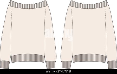 Off the Soulder Boat Neck Langarm gerippter Slouchy Sweater Technische Zeichnung, Fashion Templates, Fashion CAD Zeichnung, Textil Flat Sketch Stock Vektor