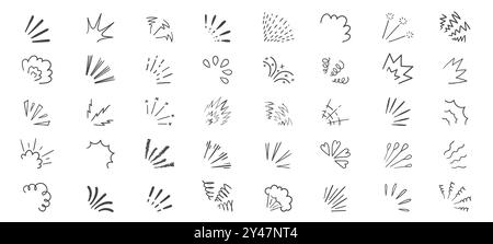 Kritzelnde Linienstrahlen. Abstraktes radiales Sonnenlicht funkenexplosionsgefährdete Elemente. Hand gezeichnete Sonne Burst Glitzer Vektor-Kollektion. Stock Vektor