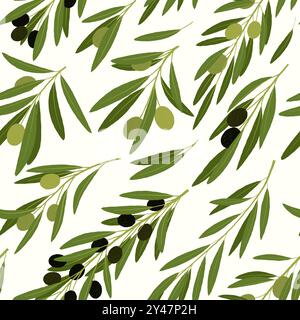 Oliven-Muster. Nahtloser Druck aus pflanzlichen mediterranen Obstzweigen aus grünen Oliven, Bio-veganer Gemüseernährung. Vektortextur. Stock Vektor