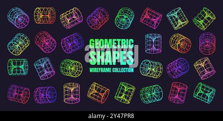 Neon-beschichtete Drahtmodellformen. Perspektivisches Netz, 3D-Raster. Geometrische Elemente mit niedrigem Poly. Futuristische Retro-Designelemente, y2k, Vaporwave und Synthwave Stock Vektor