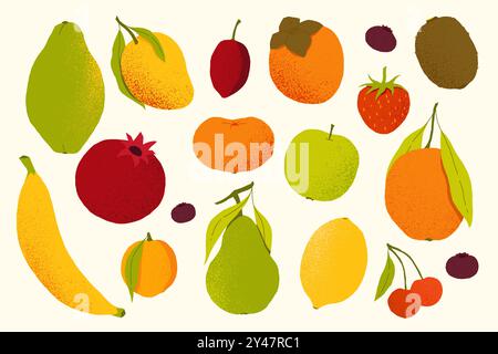 Flaches Obst. Comic farbenfrohe Sommerbeeren, Bio-Apfel-Bananenkirsche Mango-Zitrusfrüchte, frisches, exotisches Fruchtnahrungskonzept. Vektor-isolierter Satz. Stock Vektor